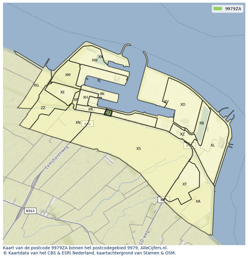 Afbeelding van het postcodegebied 9979 ZA op de kaart.
