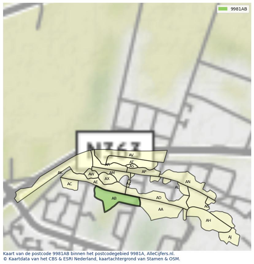 Afbeelding van het postcodegebied 9981 AB op de kaart.