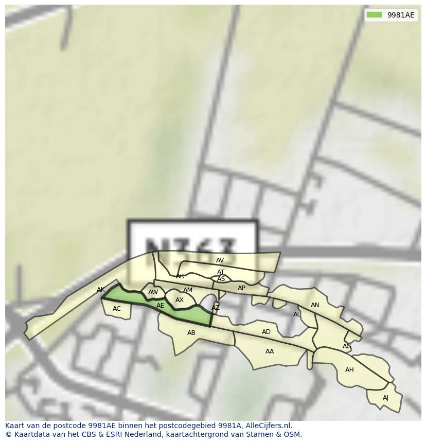 Afbeelding van het postcodegebied 9981 AE op de kaart.