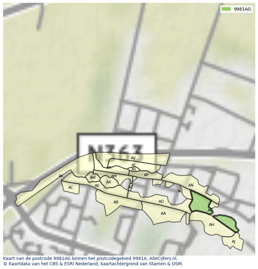 Afbeelding van het postcodegebied 9981 AG op de kaart.