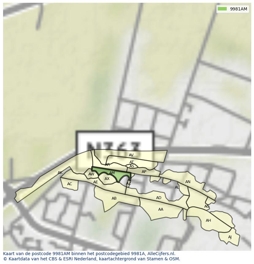 Afbeelding van het postcodegebied 9981 AM op de kaart.