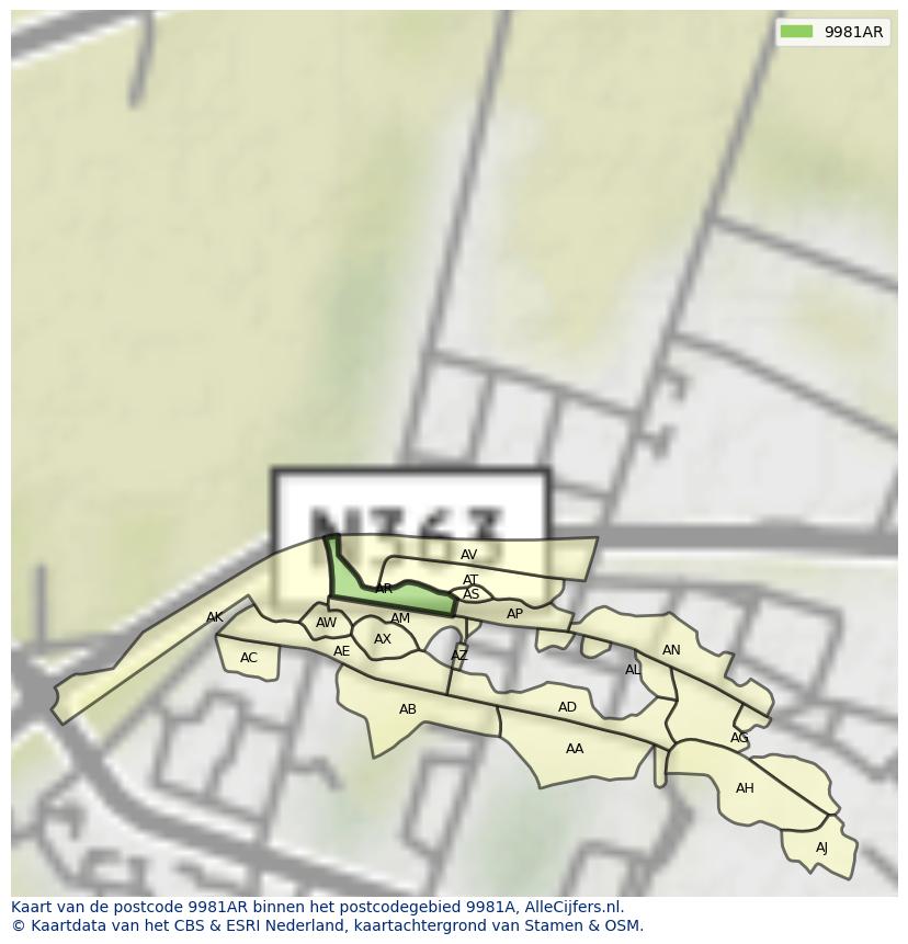 Afbeelding van het postcodegebied 9981 AR op de kaart.