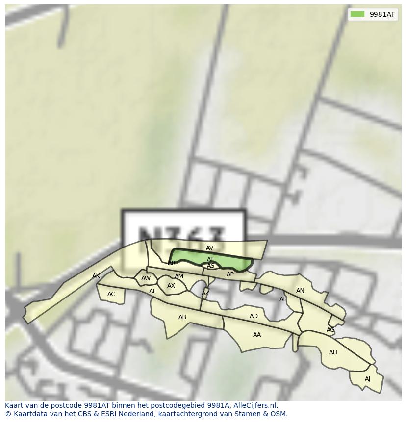 Afbeelding van het postcodegebied 9981 AT op de kaart.