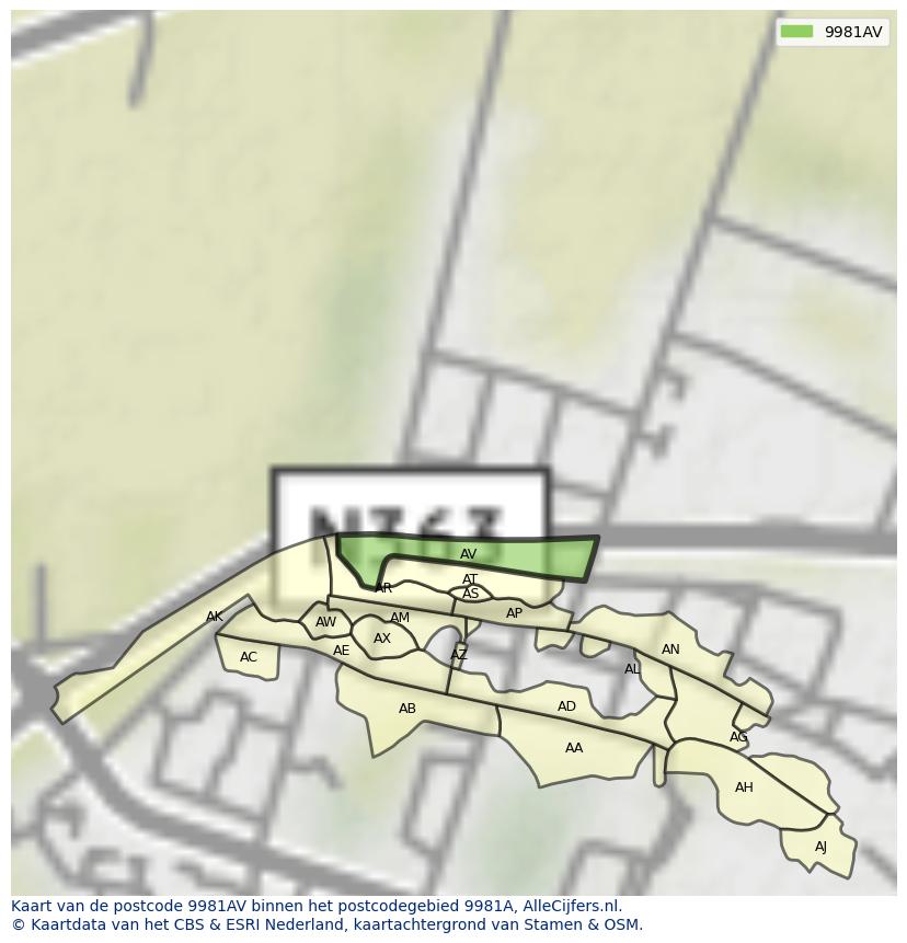 Afbeelding van het postcodegebied 9981 AV op de kaart.