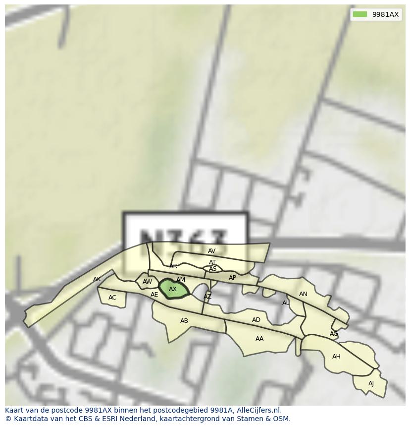 Afbeelding van het postcodegebied 9981 AX op de kaart.