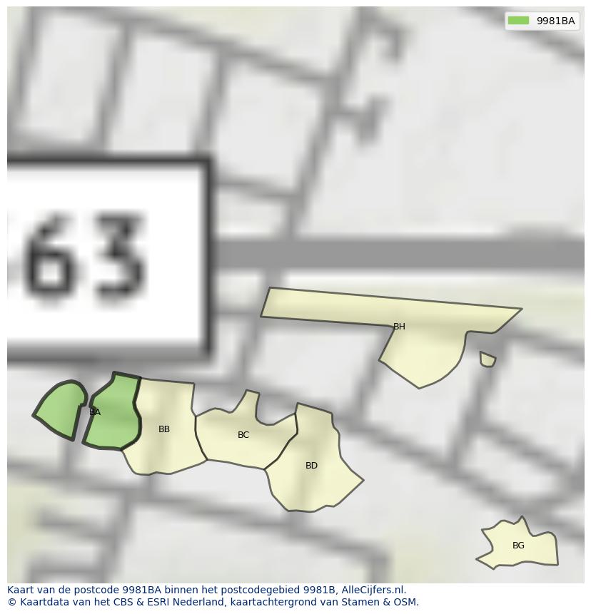 Afbeelding van het postcodegebied 9981 BA op de kaart.