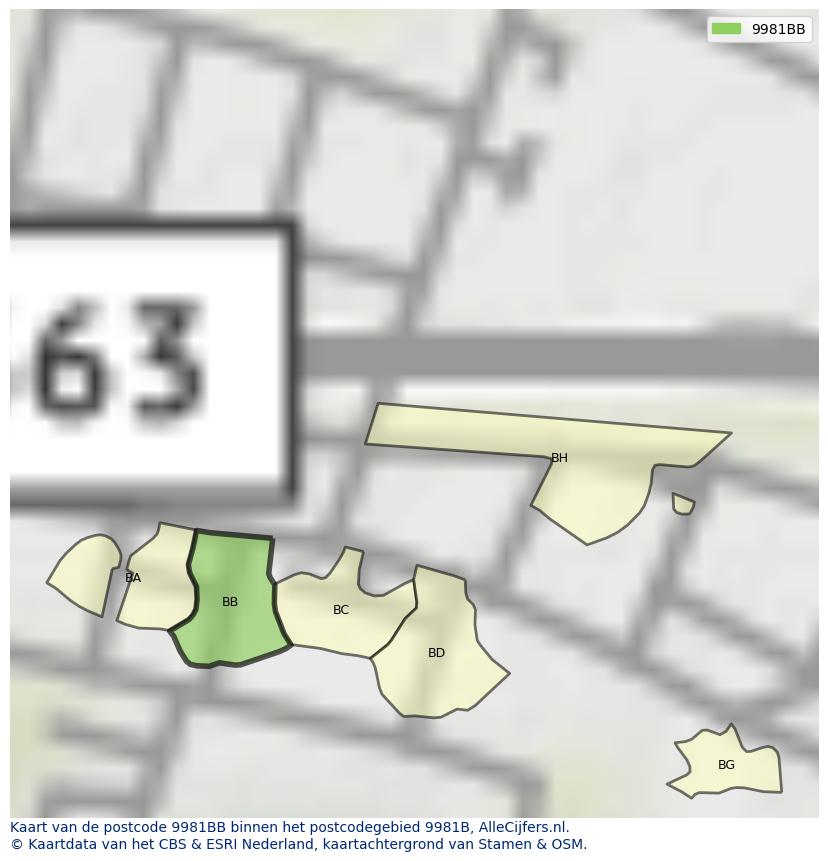 Afbeelding van het postcodegebied 9981 BB op de kaart.