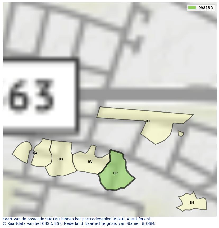 Afbeelding van het postcodegebied 9981 BD op de kaart.