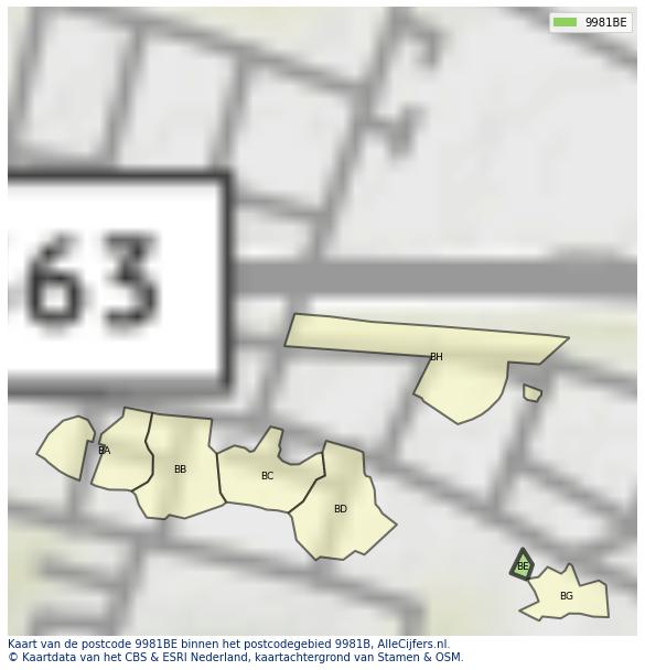 Afbeelding van het postcodegebied 9981 BE op de kaart.