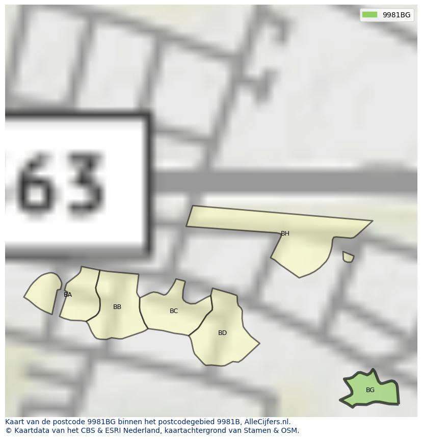 Afbeelding van het postcodegebied 9981 BG op de kaart.