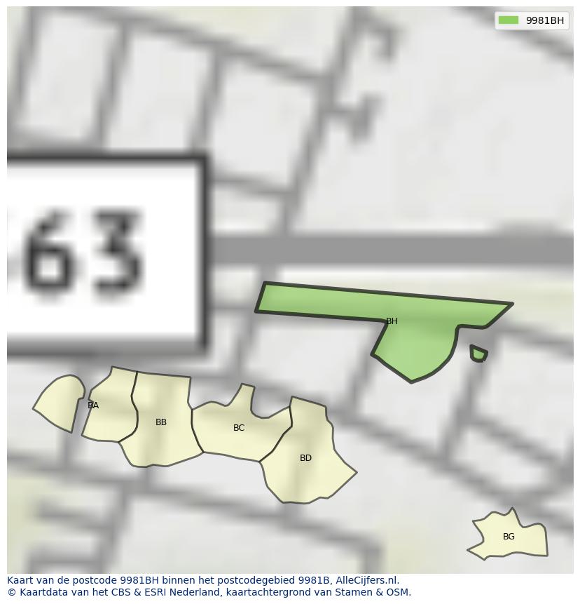 Afbeelding van het postcodegebied 9981 BH op de kaart.