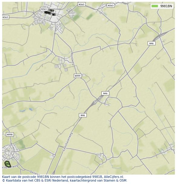 Afbeelding van het postcodegebied 9981 BN op de kaart.