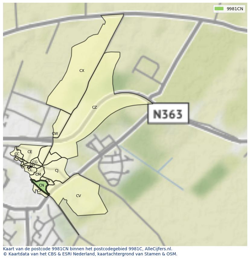 Afbeelding van het postcodegebied 9981 CN op de kaart.