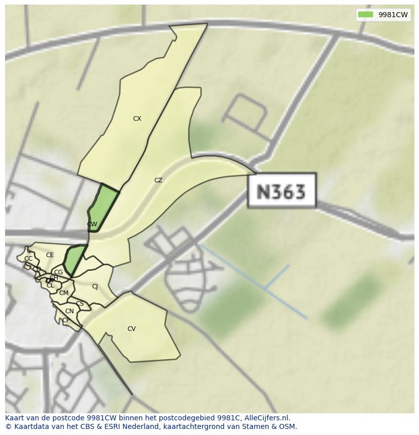 Afbeelding van het postcodegebied 9981 CW op de kaart.