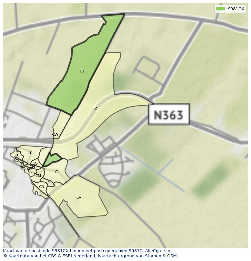 Afbeelding van het postcodegebied 9981 CX op de kaart.