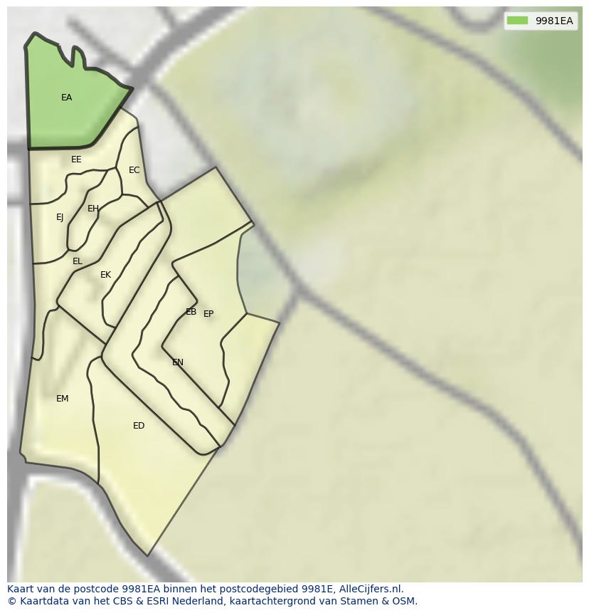 Afbeelding van het postcodegebied 9981 EA op de kaart.