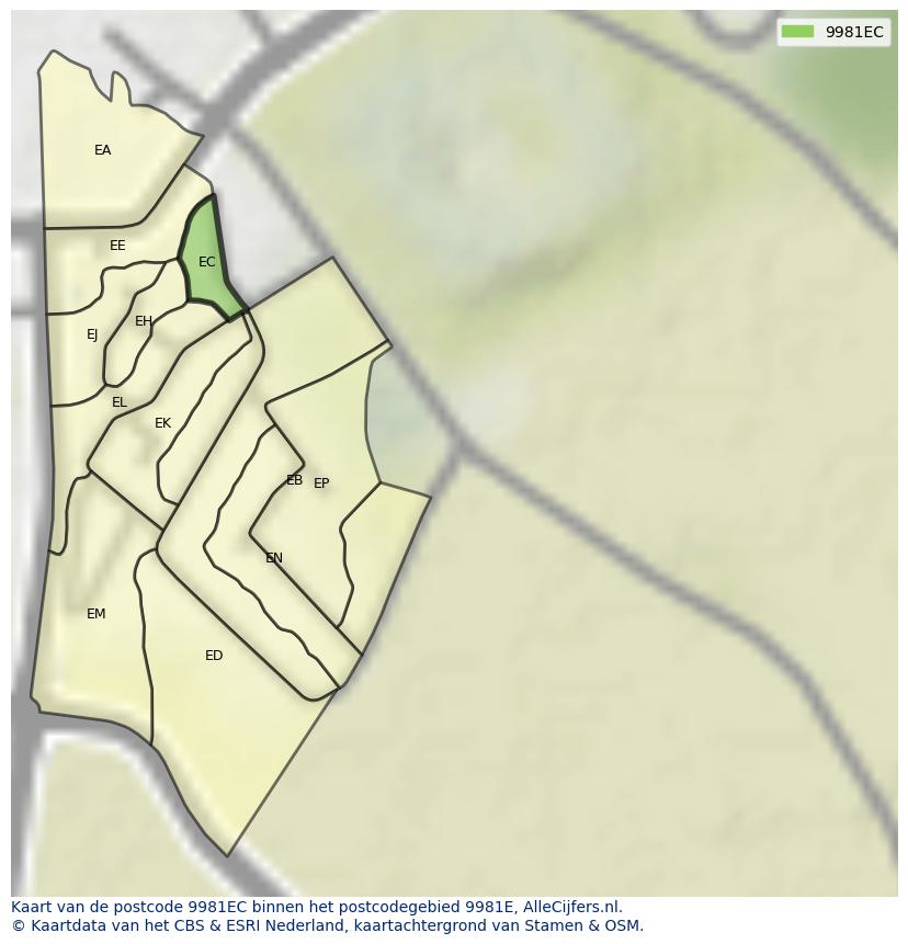 Afbeelding van het postcodegebied 9981 EC op de kaart.