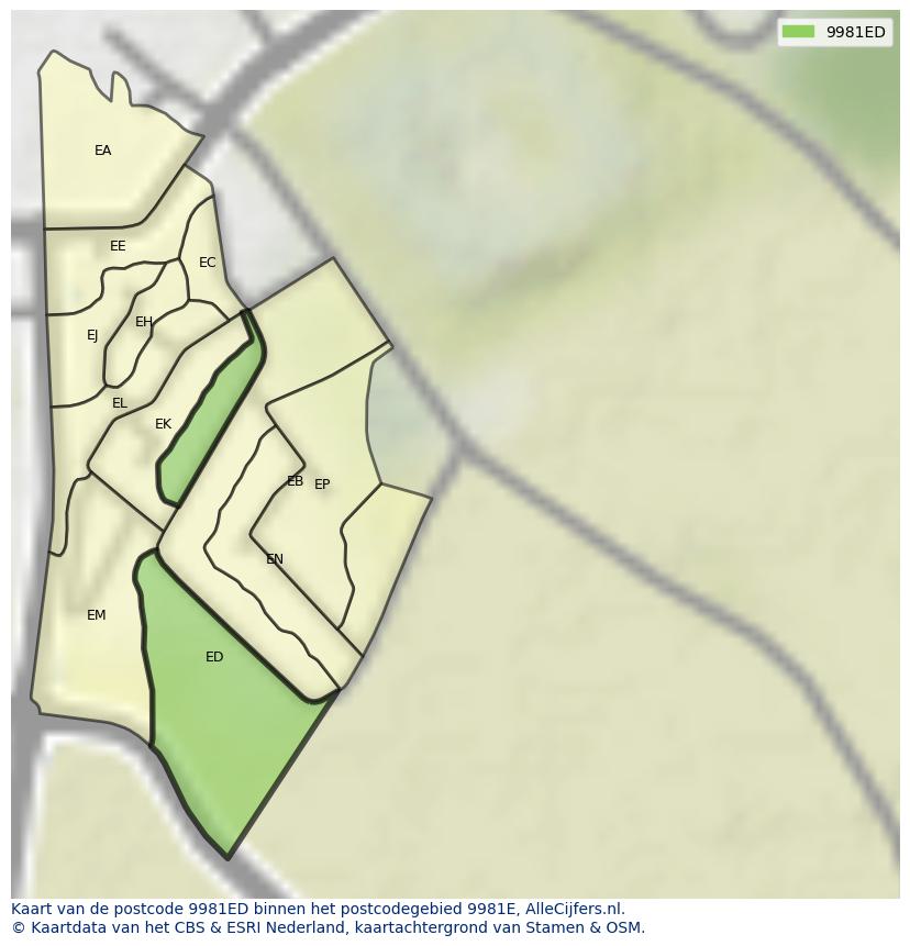 Afbeelding van het postcodegebied 9981 ED op de kaart.