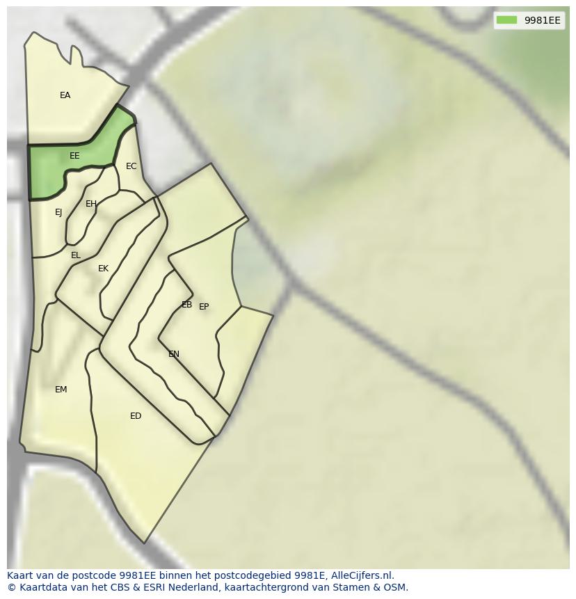 Afbeelding van het postcodegebied 9981 EE op de kaart.