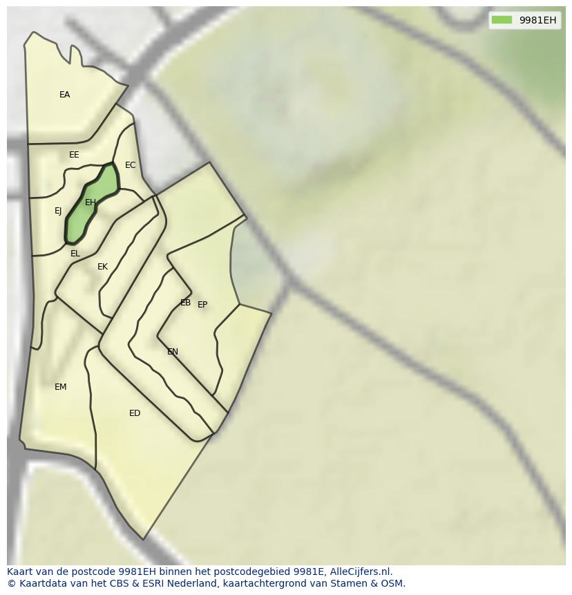 Afbeelding van het postcodegebied 9981 EH op de kaart.
