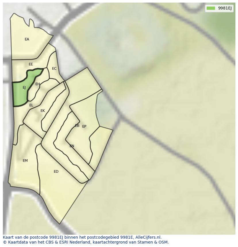 Afbeelding van het postcodegebied 9981 EJ op de kaart.