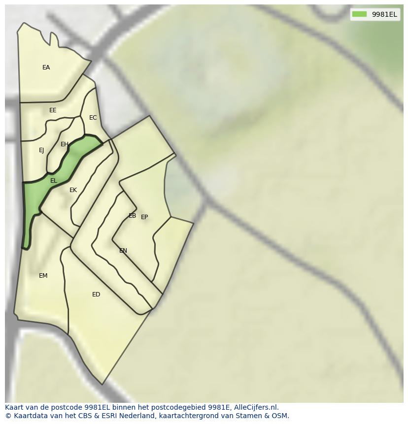 Afbeelding van het postcodegebied 9981 EL op de kaart.