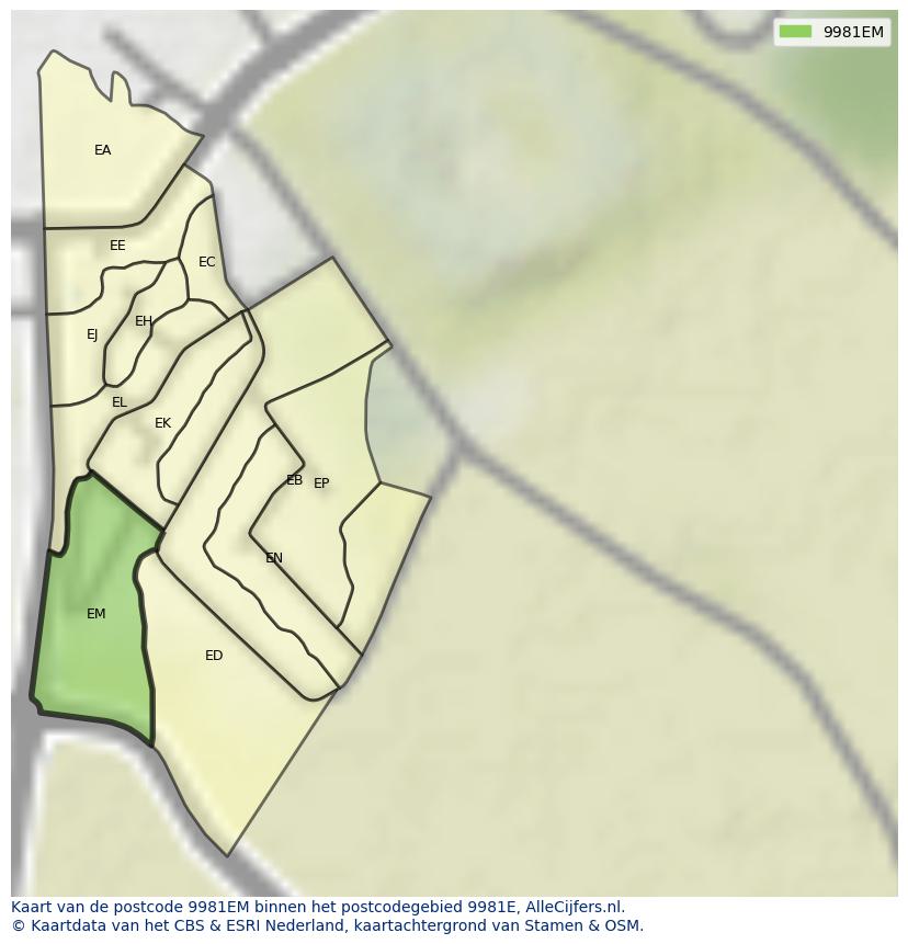 Afbeelding van het postcodegebied 9981 EM op de kaart.