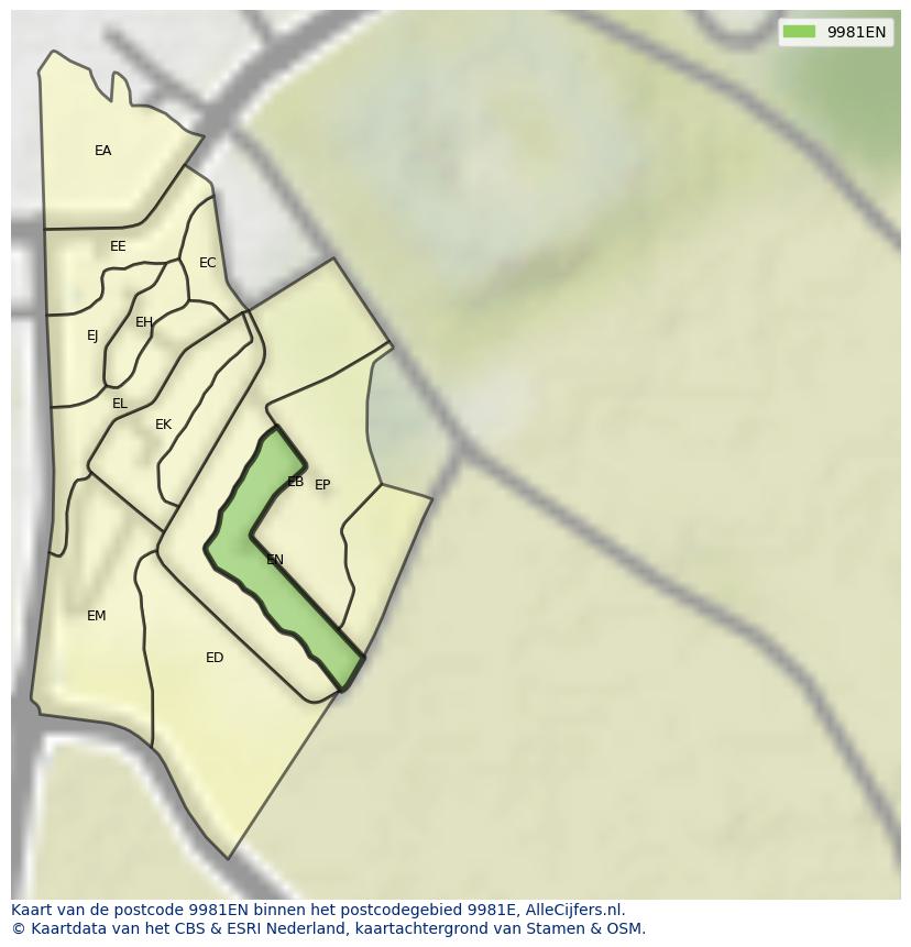 Afbeelding van het postcodegebied 9981 EN op de kaart.