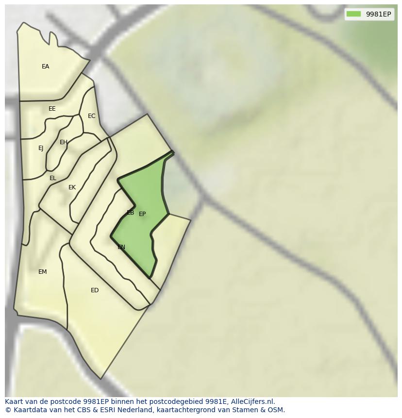 Afbeelding van het postcodegebied 9981 EP op de kaart.