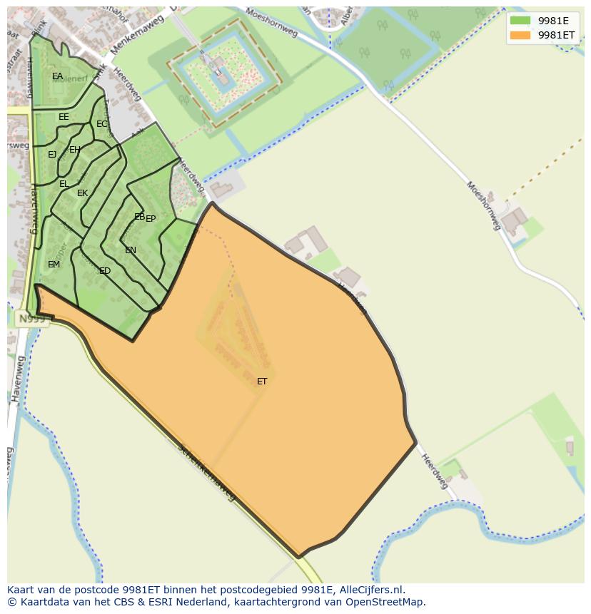 Afbeelding van het postcodegebied 9981 ET op de kaart.