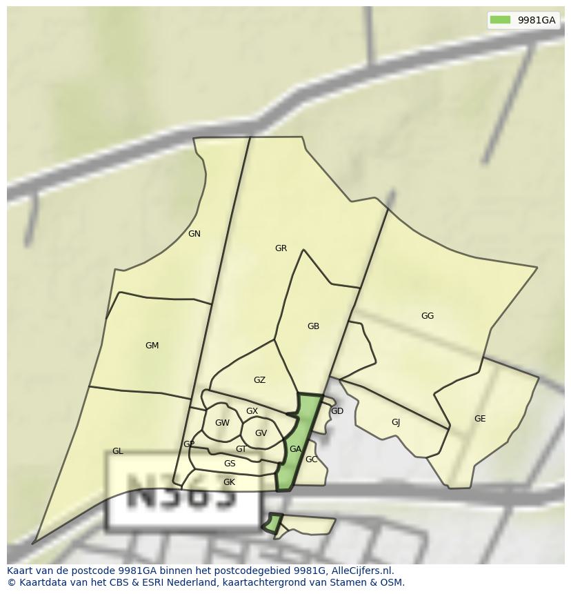 Afbeelding van het postcodegebied 9981 GA op de kaart.