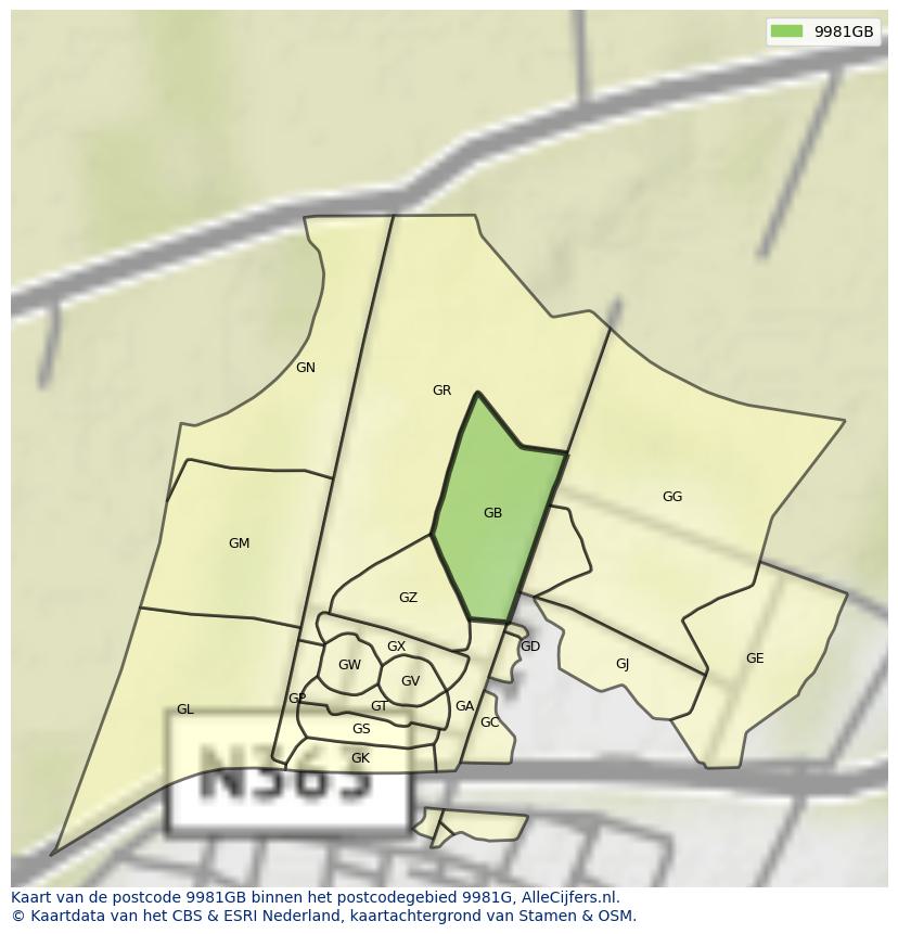Afbeelding van het postcodegebied 9981 GB op de kaart.