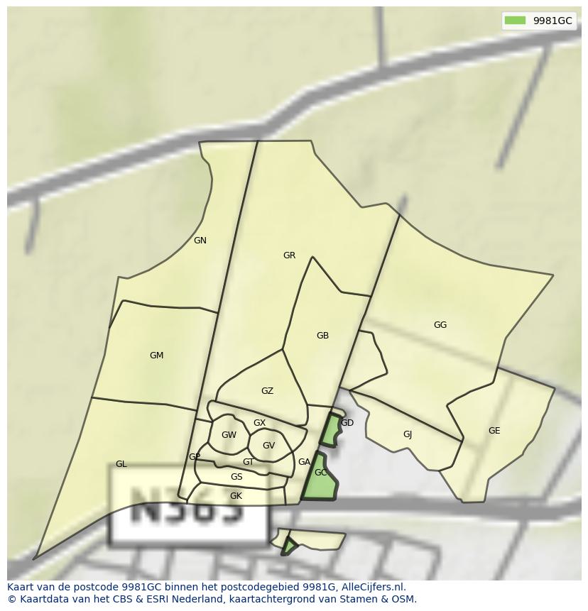 Afbeelding van het postcodegebied 9981 GC op de kaart.