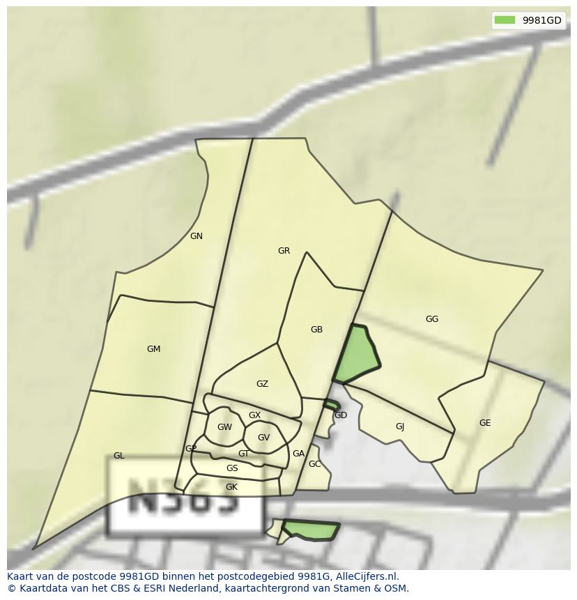 Afbeelding van het postcodegebied 9981 GD op de kaart.