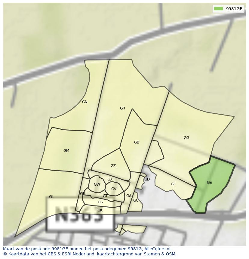 Afbeelding van het postcodegebied 9981 GE op de kaart.