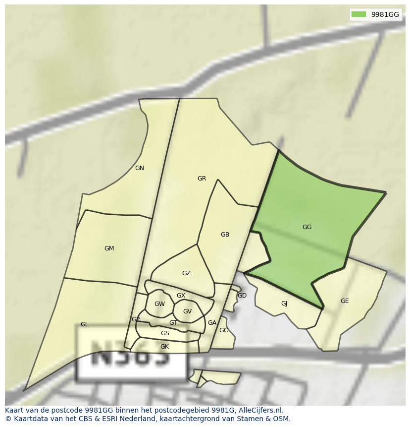 Afbeelding van het postcodegebied 9981 GG op de kaart.