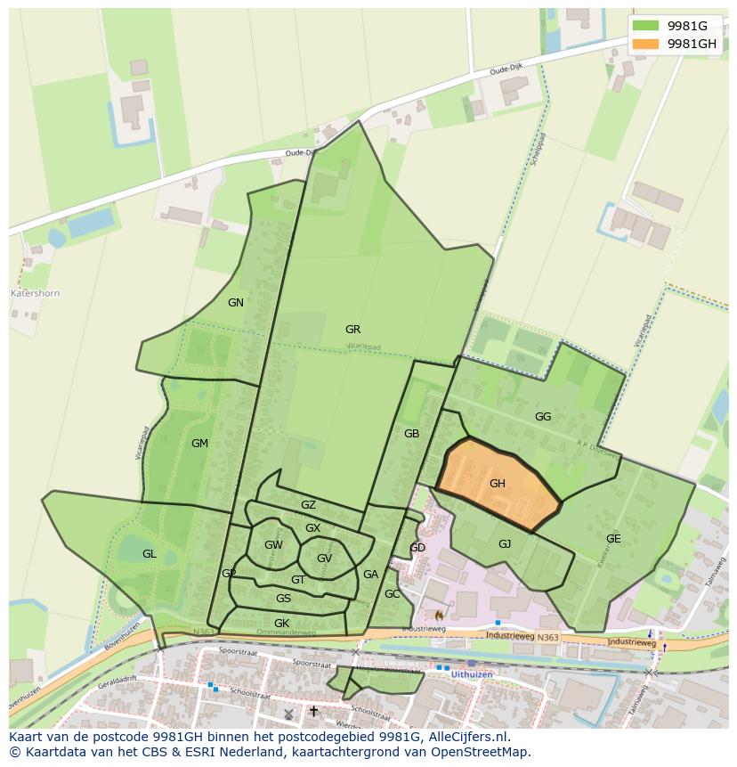 Afbeelding van het postcodegebied 9981 GH op de kaart.