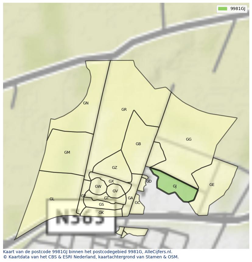 Afbeelding van het postcodegebied 9981 GJ op de kaart.