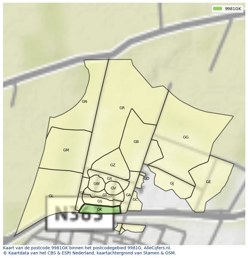 Afbeelding van het postcodegebied 9981 GK op de kaart.