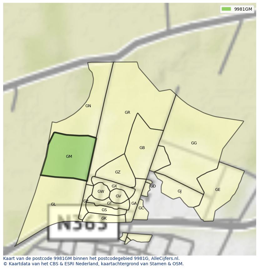 Afbeelding van het postcodegebied 9981 GM op de kaart.