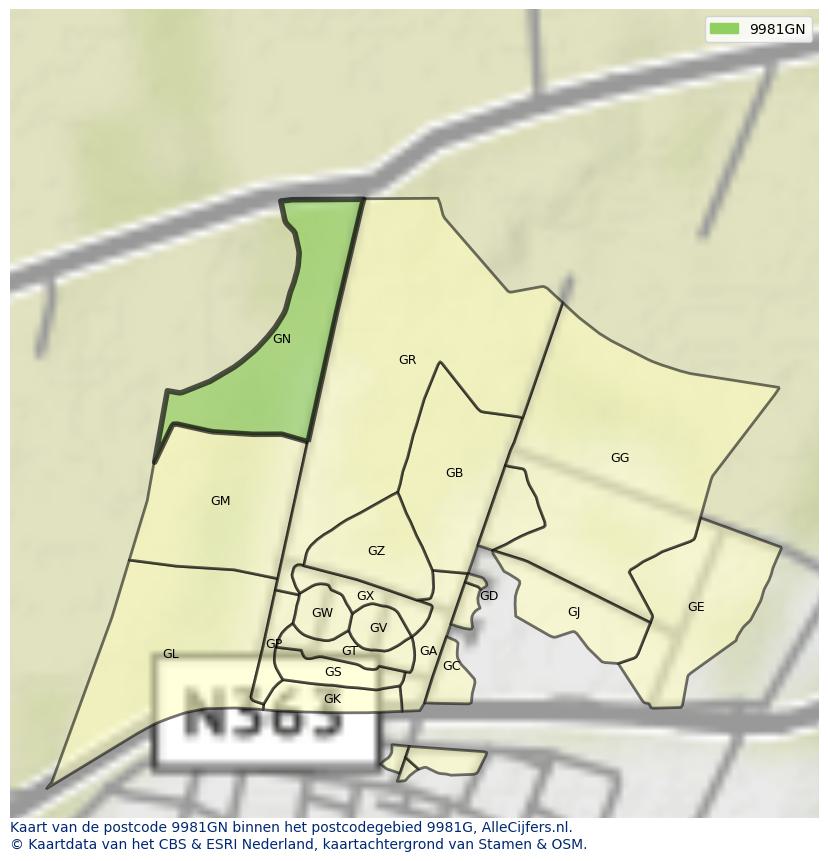 Afbeelding van het postcodegebied 9981 GN op de kaart.