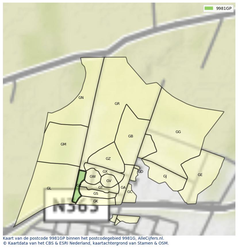 Afbeelding van het postcodegebied 9981 GP op de kaart.