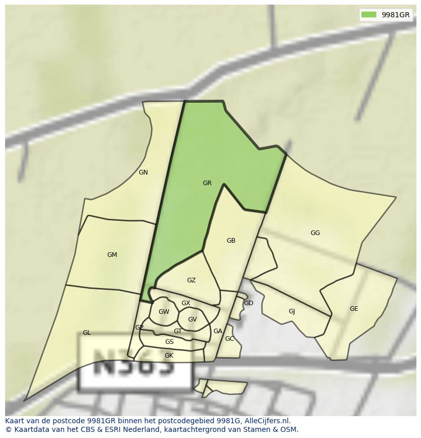Afbeelding van het postcodegebied 9981 GR op de kaart.