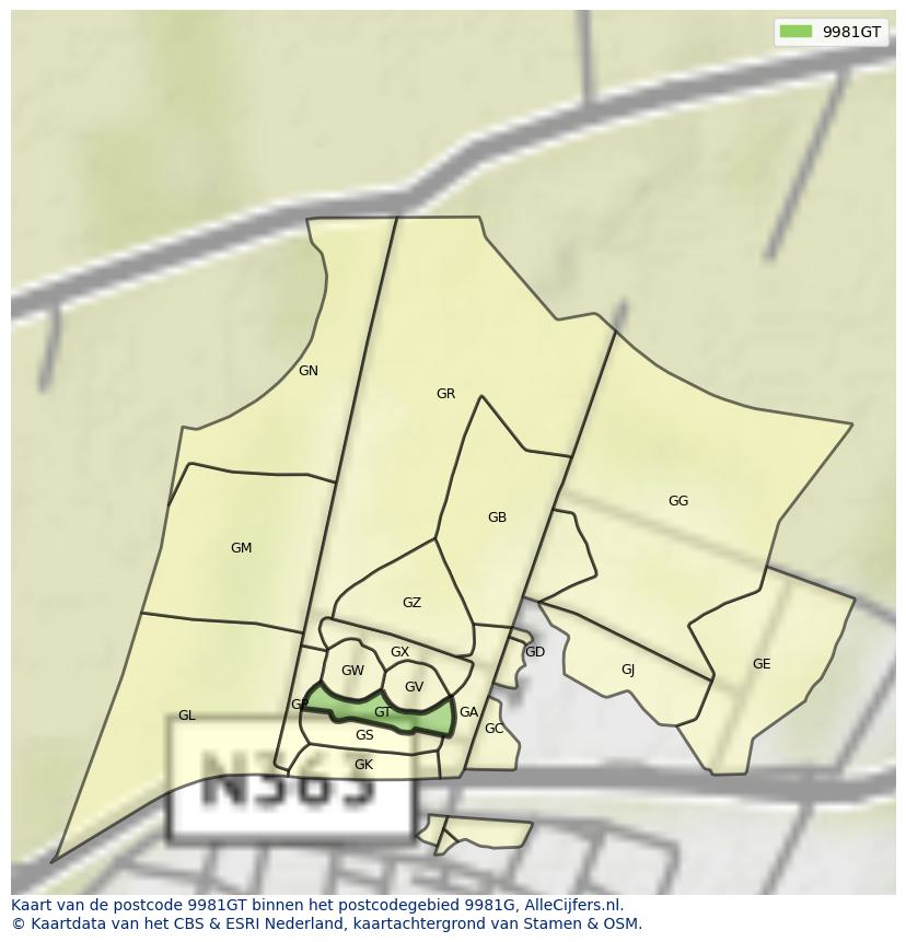 Afbeelding van het postcodegebied 9981 GT op de kaart.