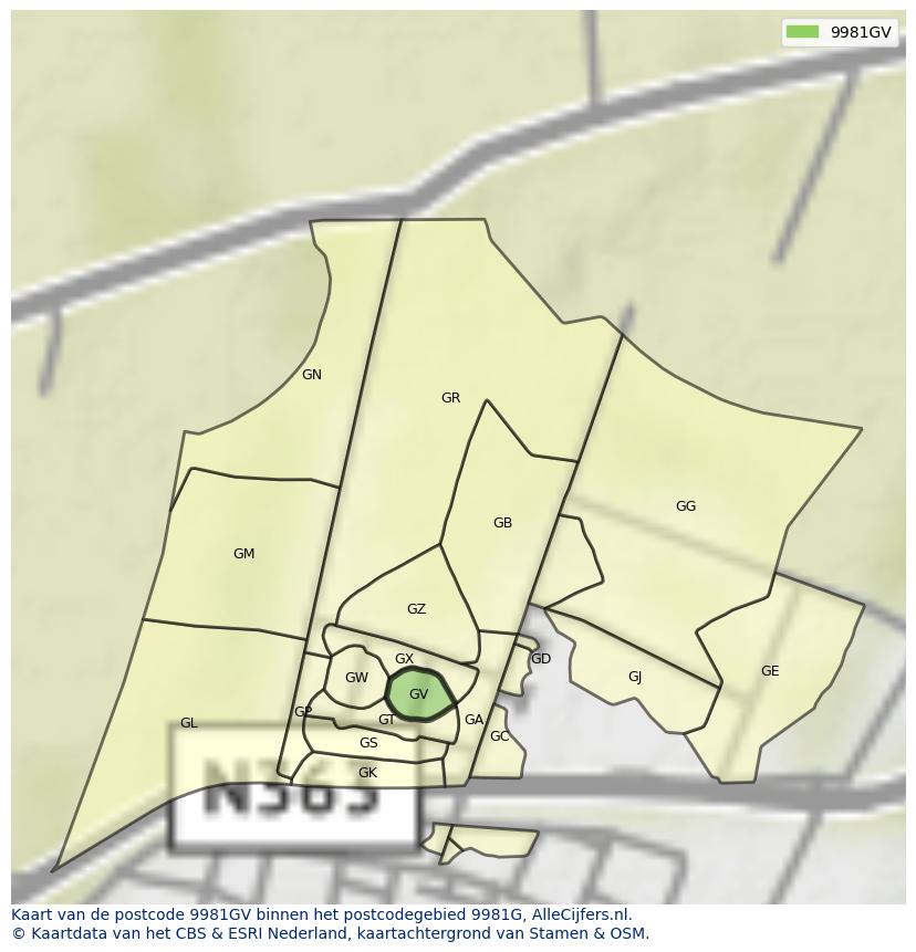 Afbeelding van het postcodegebied 9981 GV op de kaart.