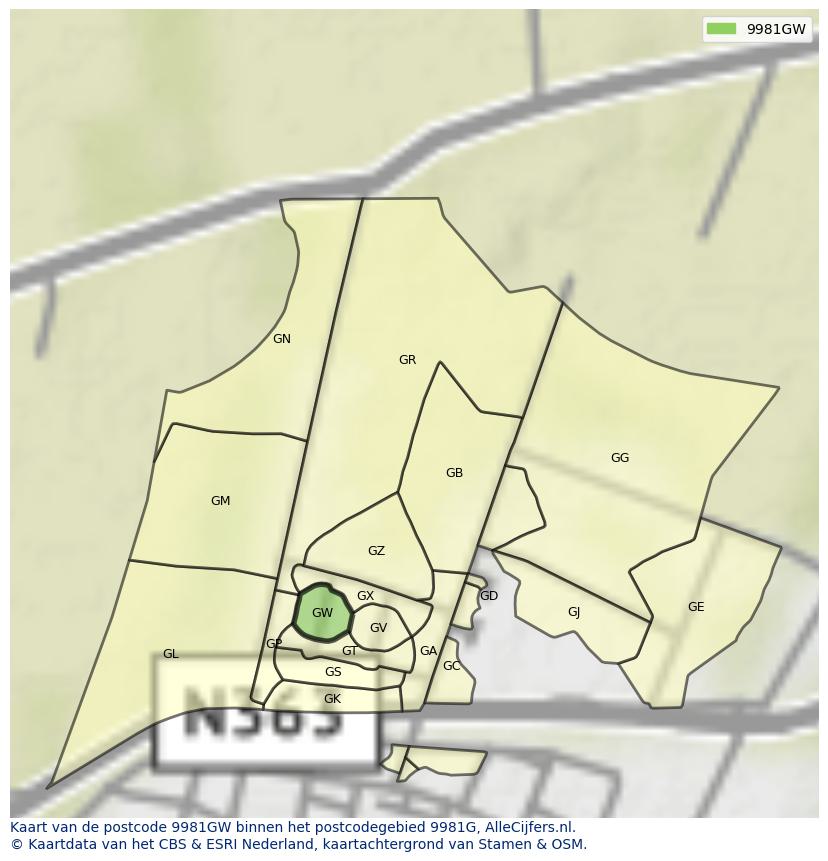 Afbeelding van het postcodegebied 9981 GW op de kaart.