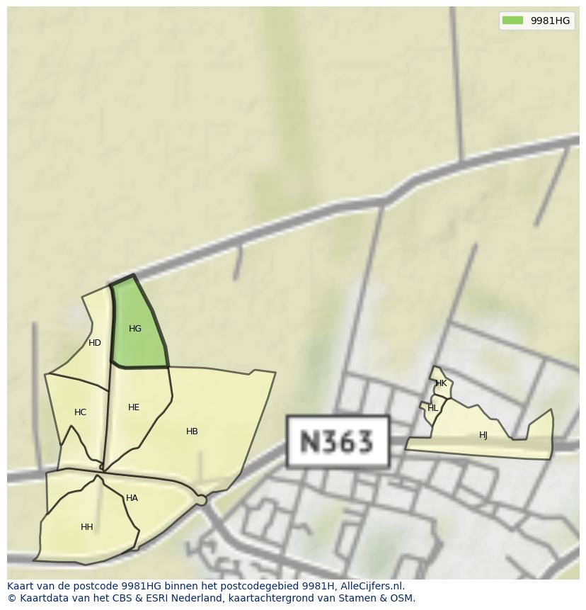 Afbeelding van het postcodegebied 9981 HG op de kaart.