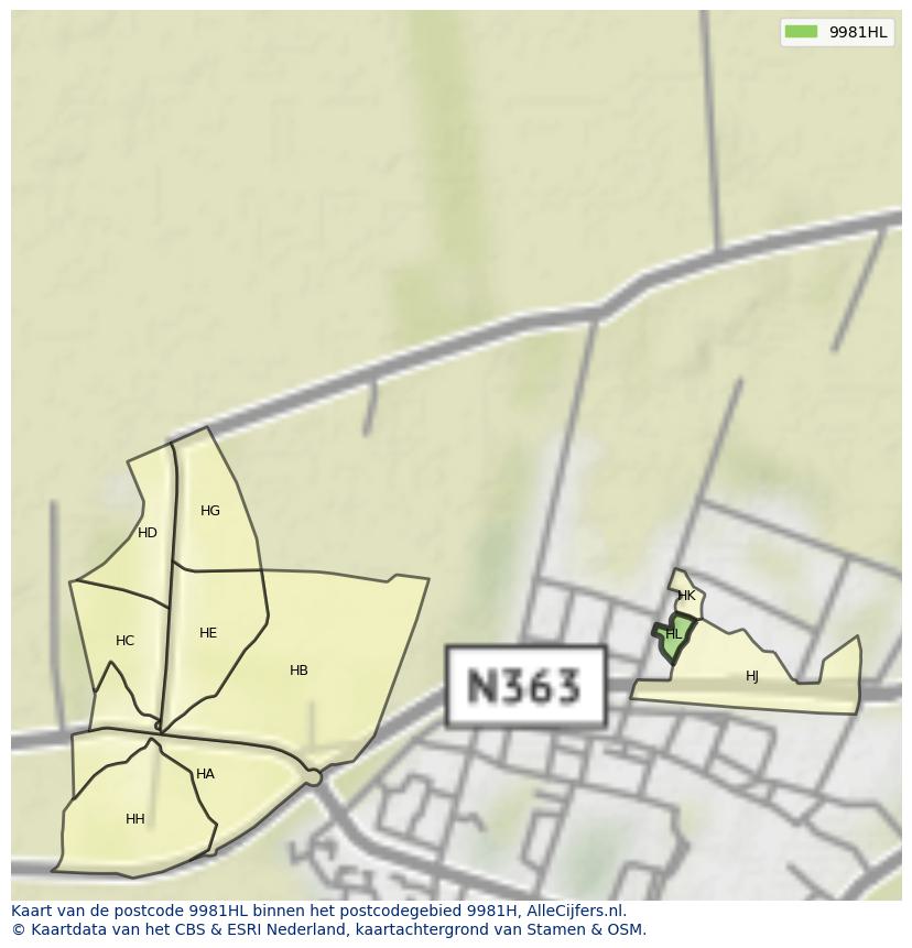 Afbeelding van het postcodegebied 9981 HL op de kaart.