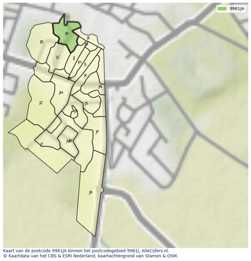 Afbeelding van het postcodegebied 9981 JA op de kaart.