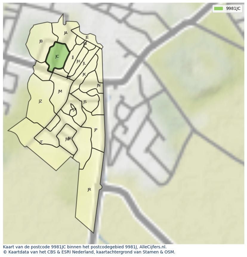 Afbeelding van het postcodegebied 9981 JC op de kaart.